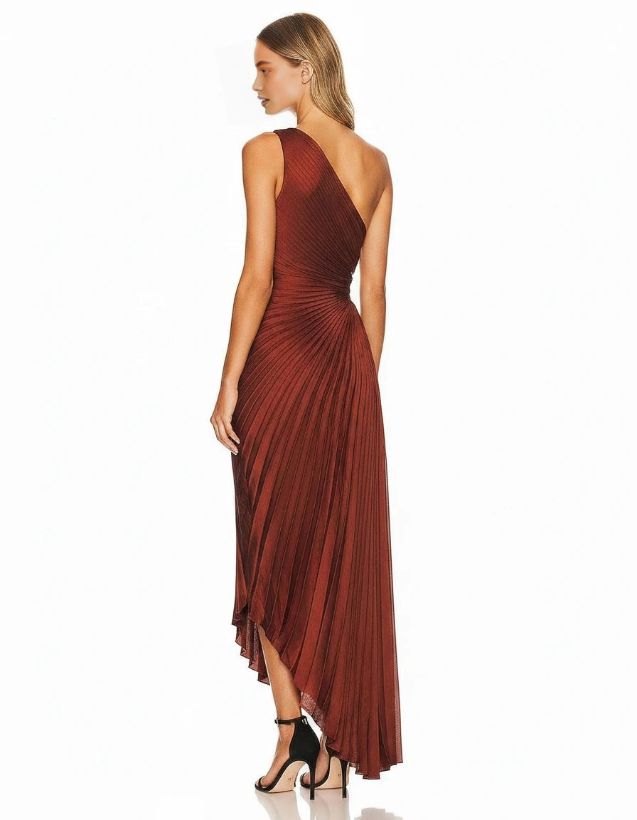 Rust one shoulder wedding guest dress with asymmetric back and pleated skirt